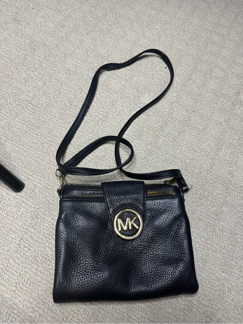 Michael Kors Black Pebbled Leather MK Logo Crossbody